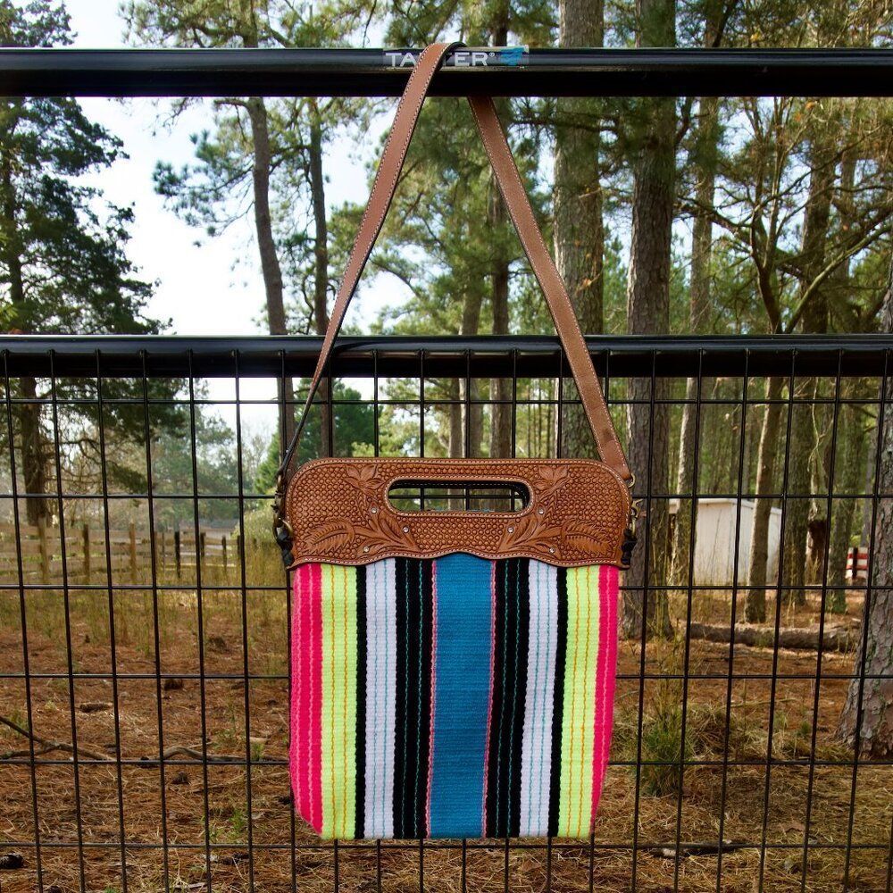 Showman Saddle blanket handbag with genuine leather basket tooled handle